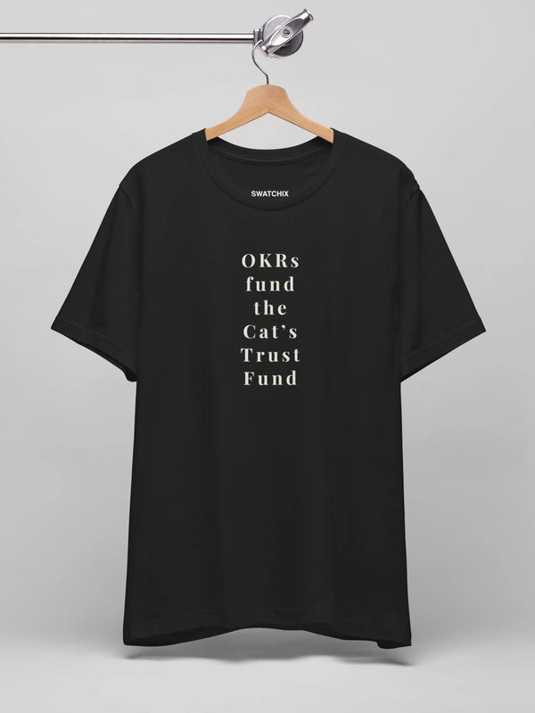 OKRs Fund Crewneck Tee in Black, printed with