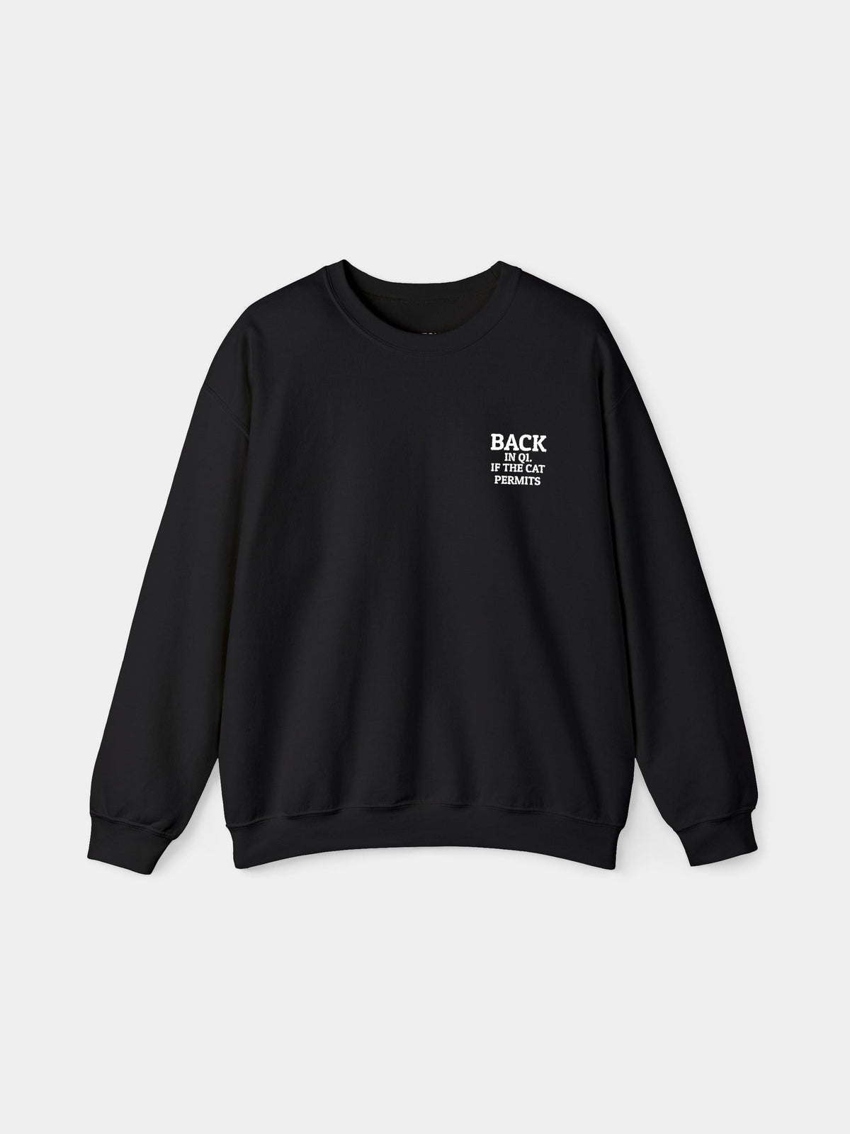 Back in Q1 Embroidered Sweatshirt in Black with "Back in Q1. If the cat permits." embroidered on the chest - Swatchix