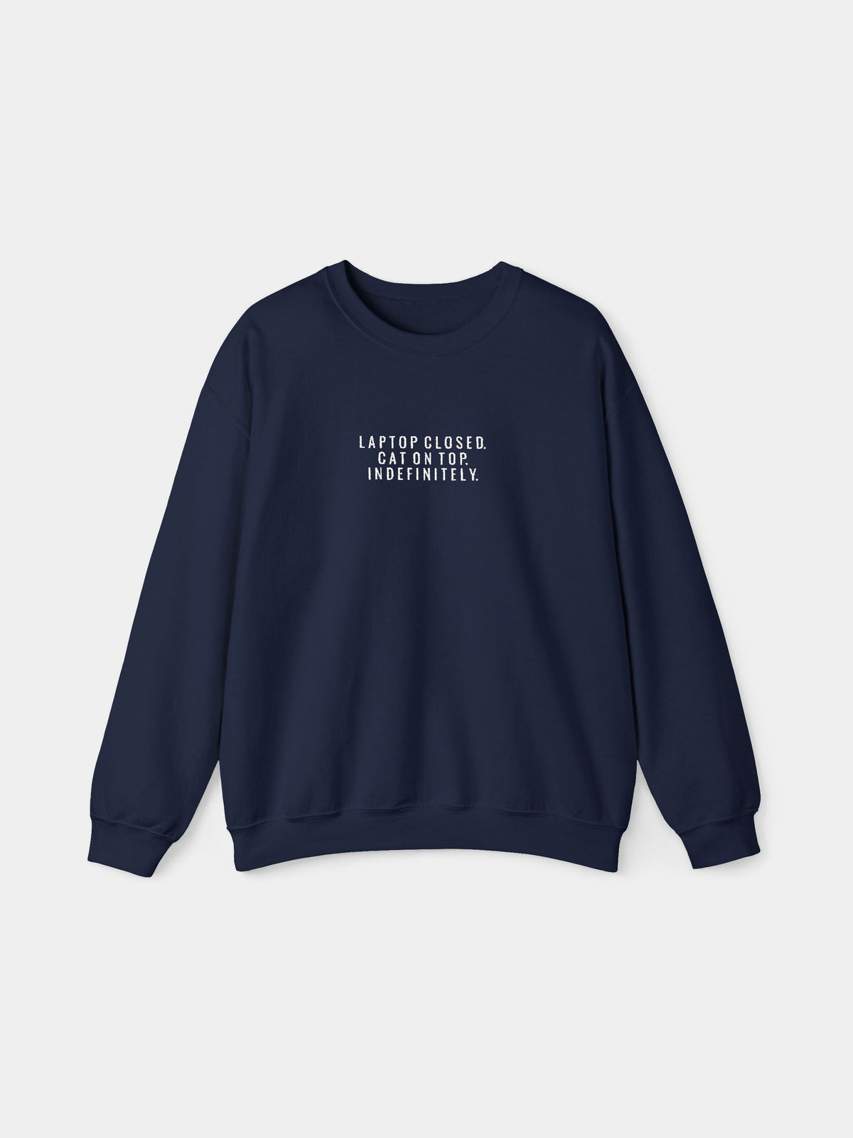 Laptop Closed Embroidered Sweatshirt in Navy with "Laptop closed. Cat on top. Indefinitely." embroidered on the chest - Swatchix