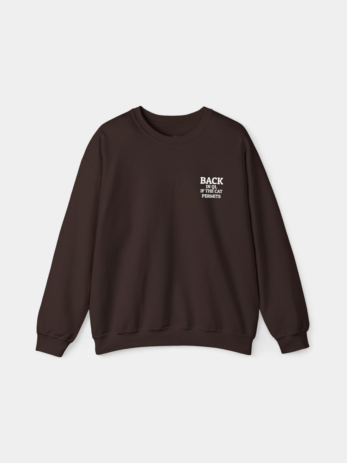 Back in Q1 Embroidered Sweatshirt in Dark Chocolate with "Back in Q1. If the cat permits." embroidered on the chest - Swatchix