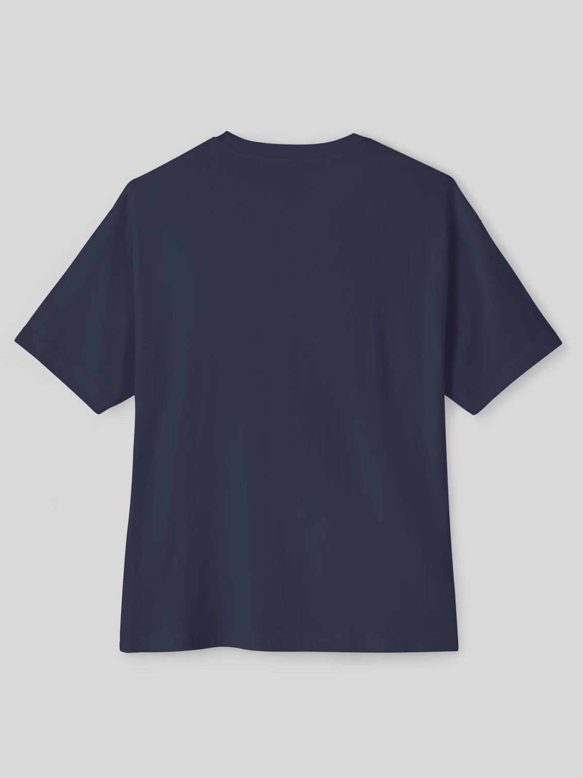 A plain navy blue short-sleeve t-shirt shown from the back, laid flat against a neutral light gray background.