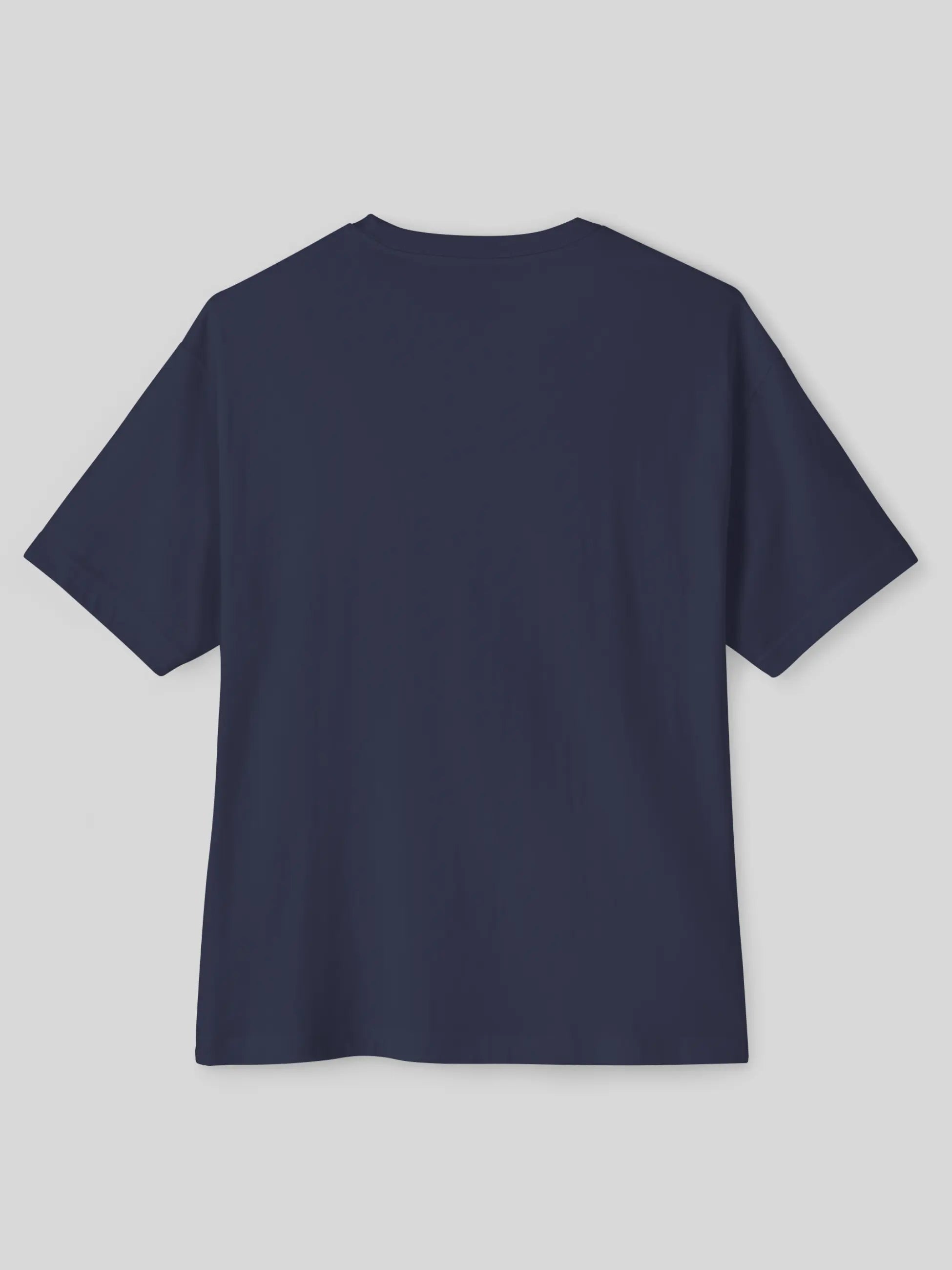A plain navy blue short-sleeve t-shirt shown from the back, laid flat against a neutral light gray background.