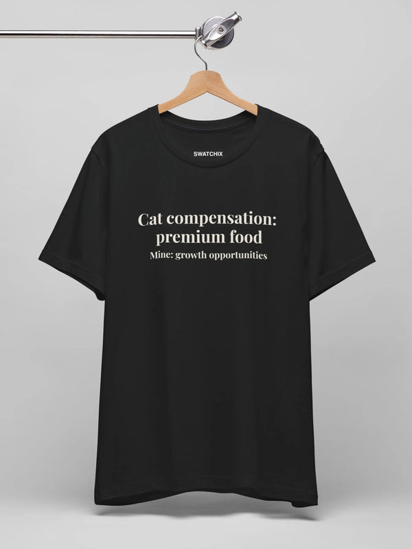 Cat Compensation Crewneck Tee in Black, printed with 