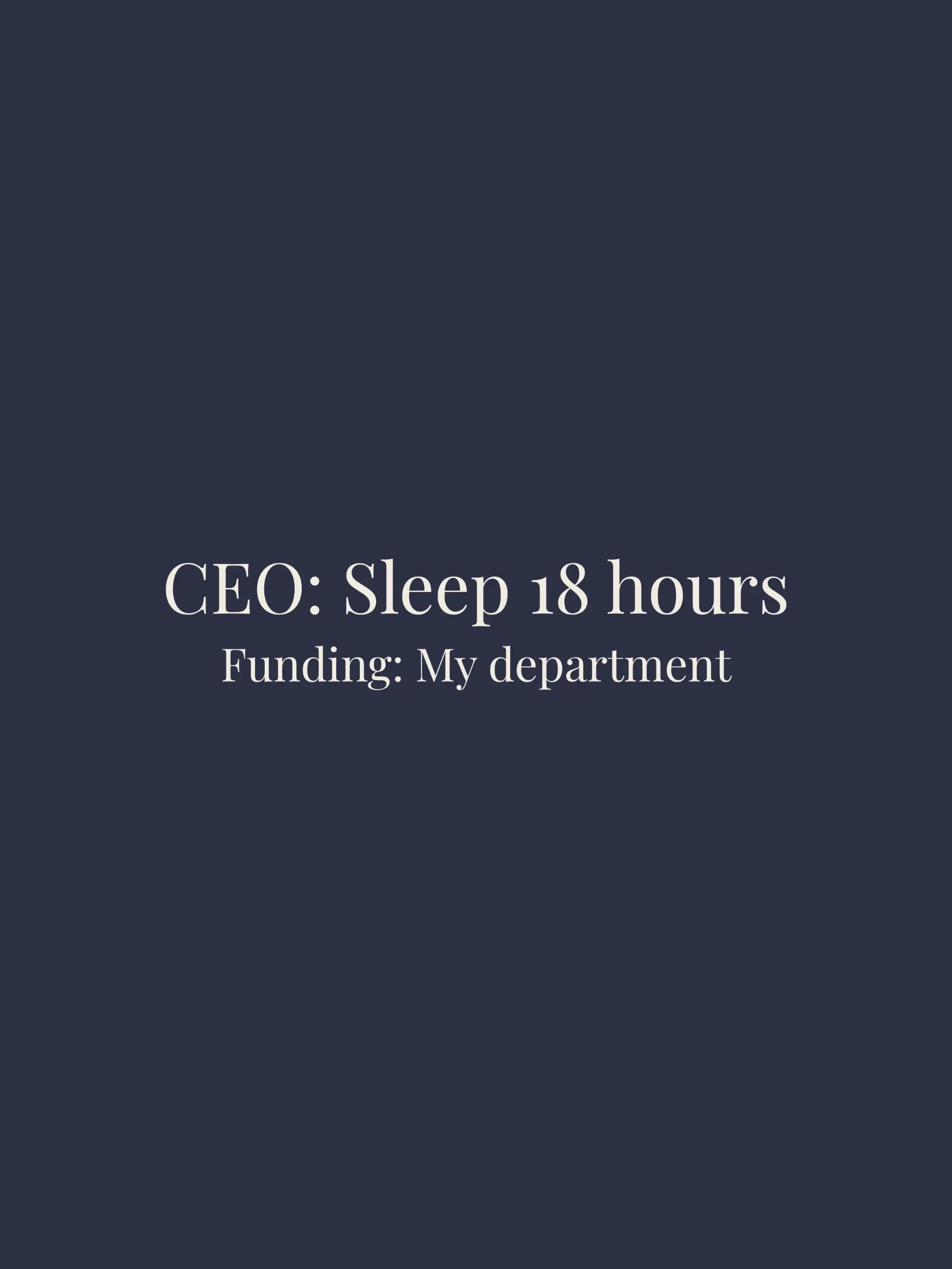 A minimalist graphic with a dark navy blue background and centered white serif text reading 'CEO: Sleep 18 hours' and 'Funding: My department'.