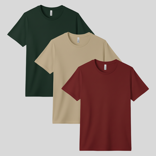 3 Pack - Forest Green + Sand + Cardinal T-shirts