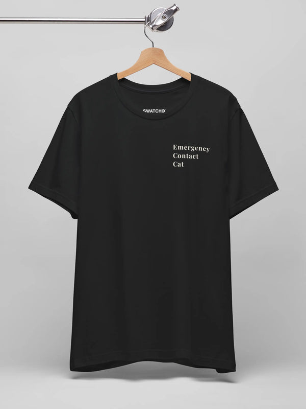 Emergency Contact Crewneck Tee in Black, printed with 