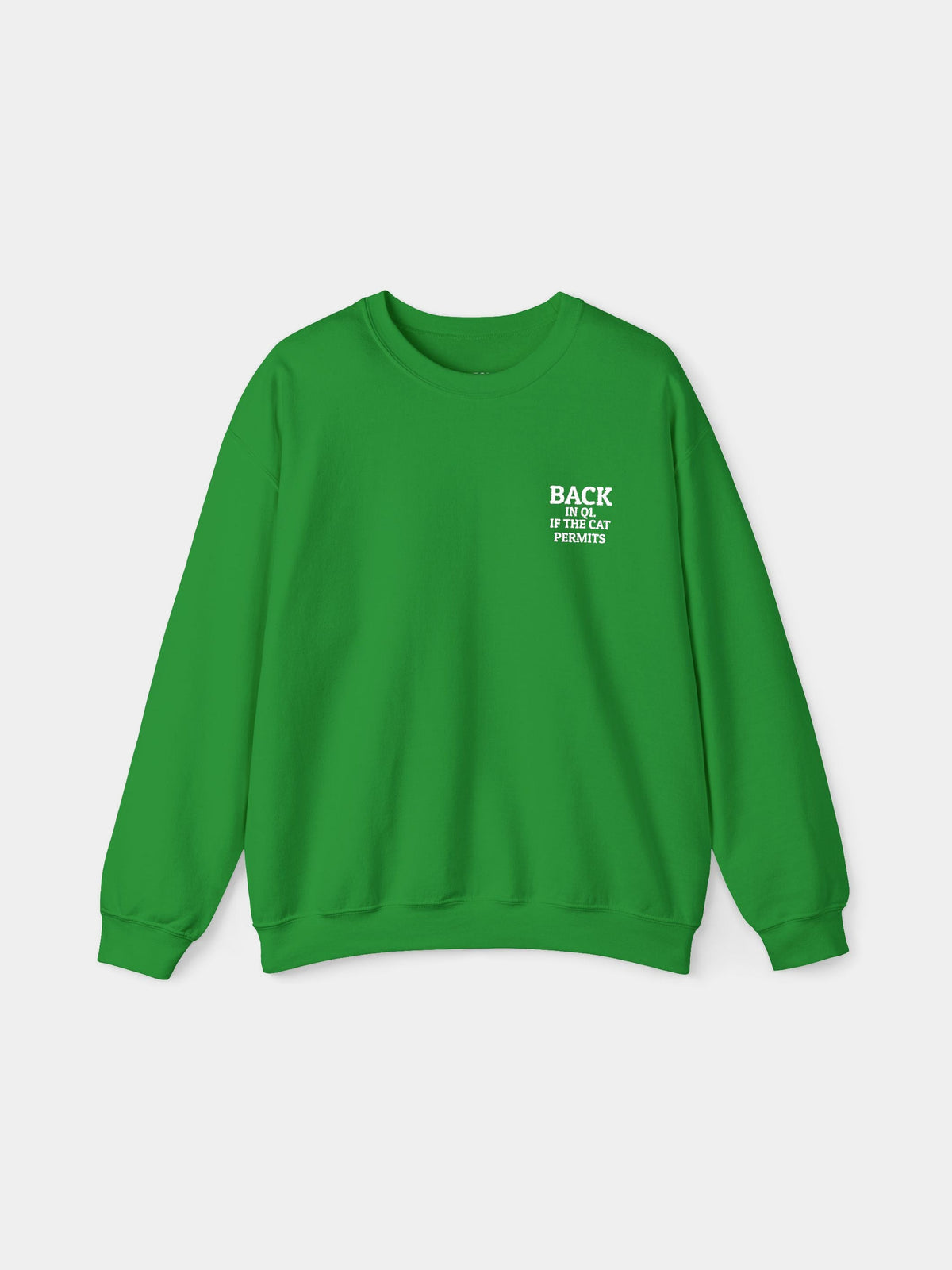 Back in Q1 Embroidered Sweatshirt in Irish Green with "Back in Q1. If the cat permits." embroidered on the chest - Swatchix