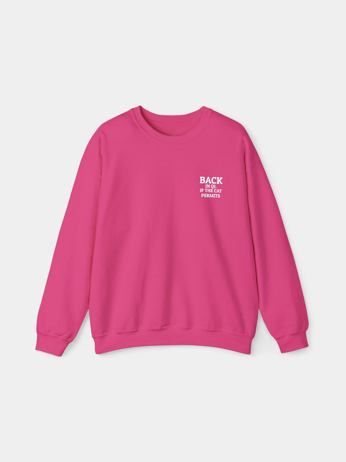Back in Q1 Embroidered Sweatshirt in Heliconia with "Back in Q1. If the cat permits." embroidered on the chest - Swatchix